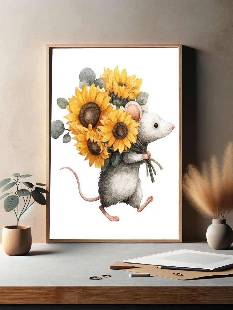 Mouse with Sunflowers — Illustration Print. — room view 2