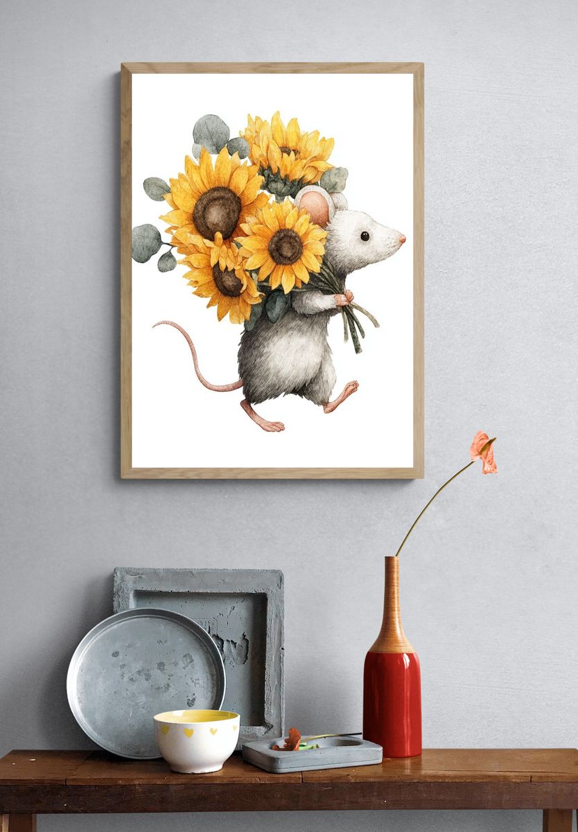Mouse with Sunflowers — Illustration Print. — room view 3