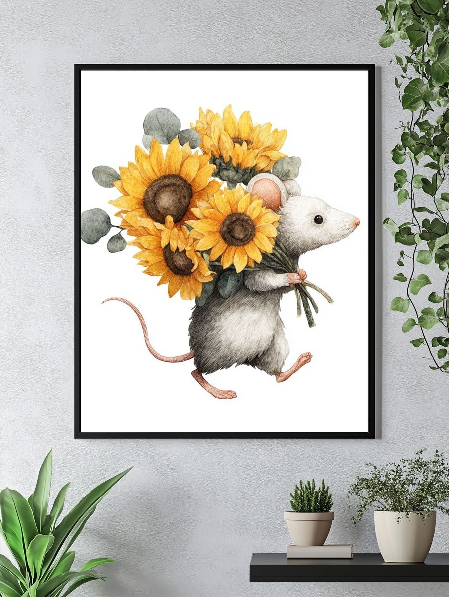 Mouse with Sunflowers — Illustration Print. — room view 4