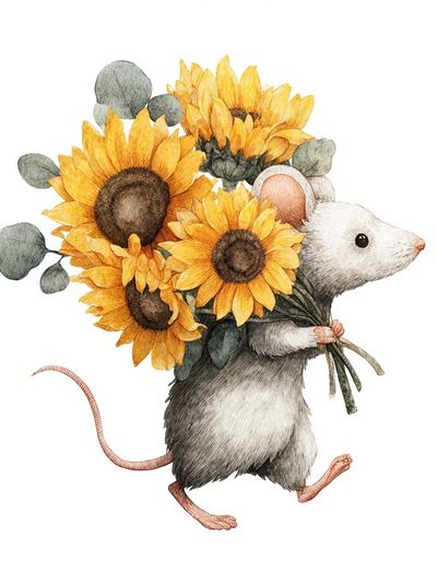 Mouse with Sunflowers — Illustration Print. poster print