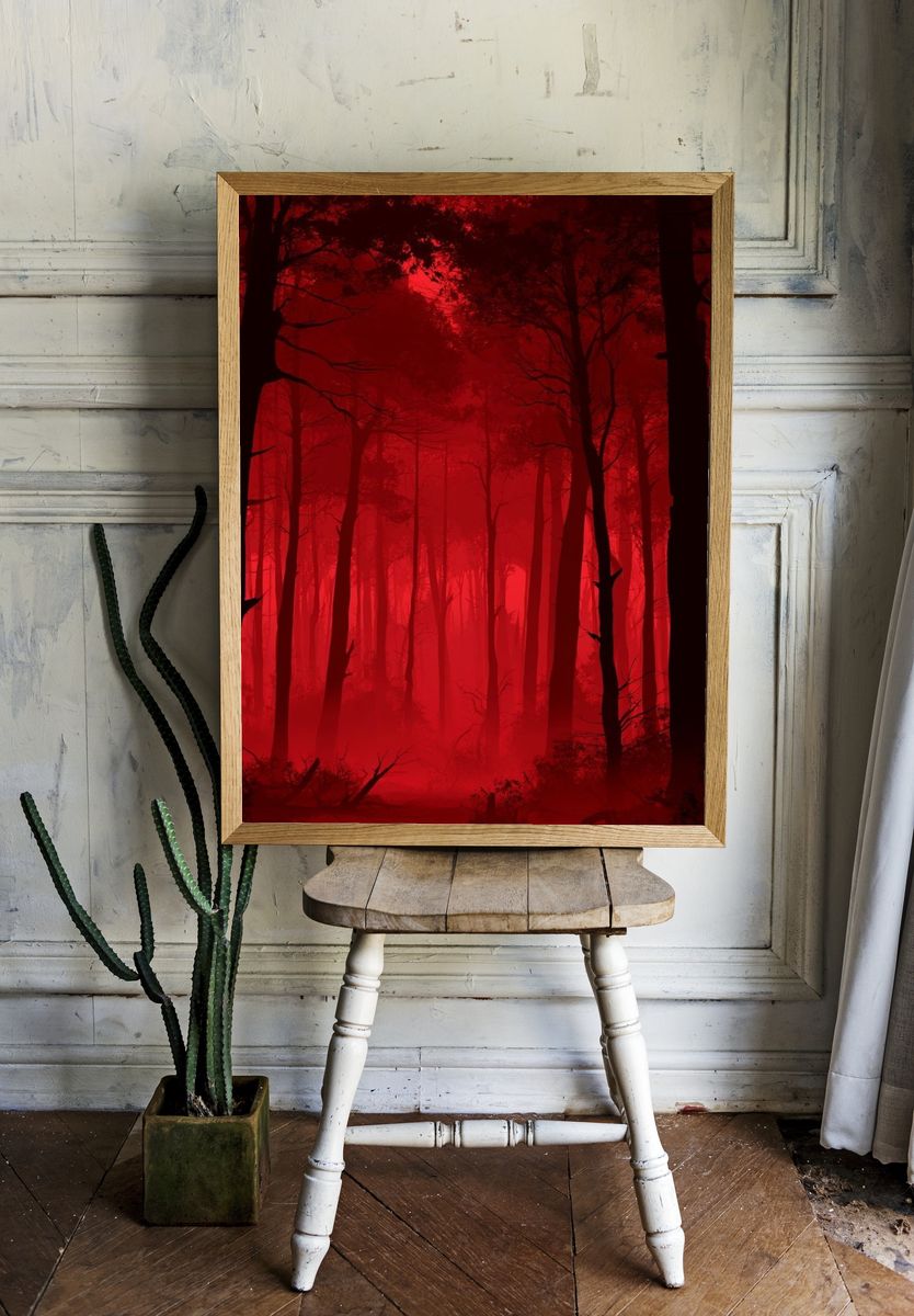 Crimson Mist Forest Photography Poster. room preview