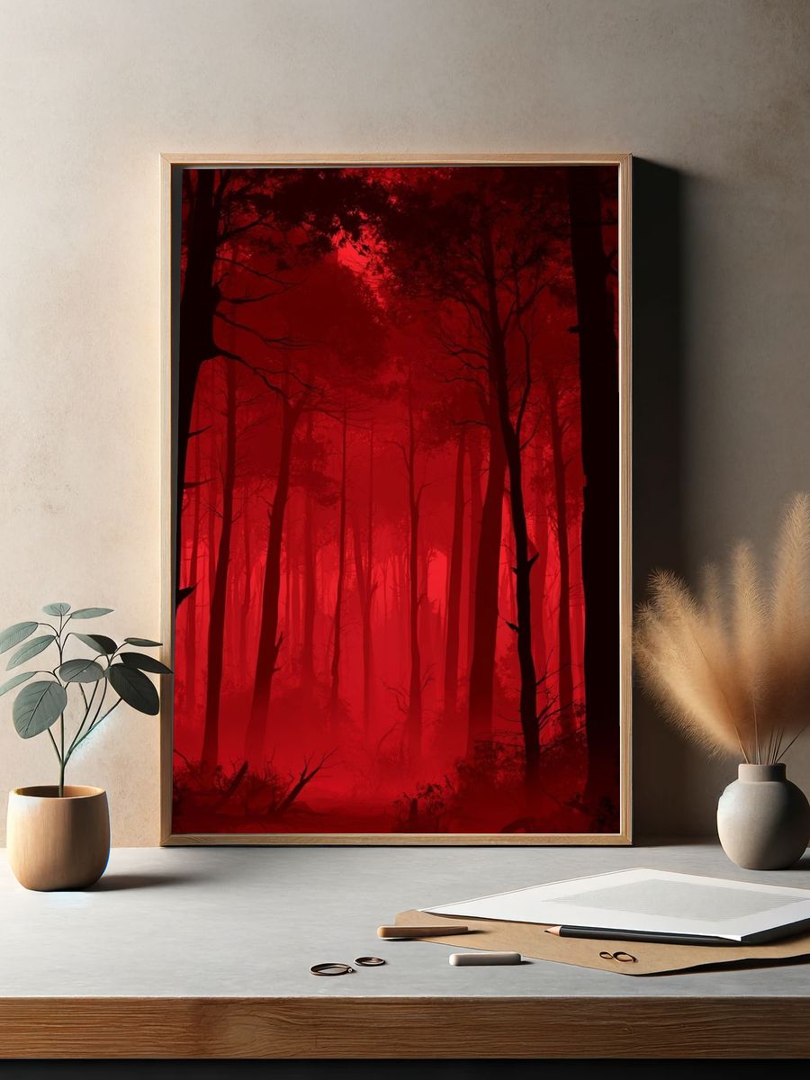 Crimson Mist Forest Photography Poster. — room view 2