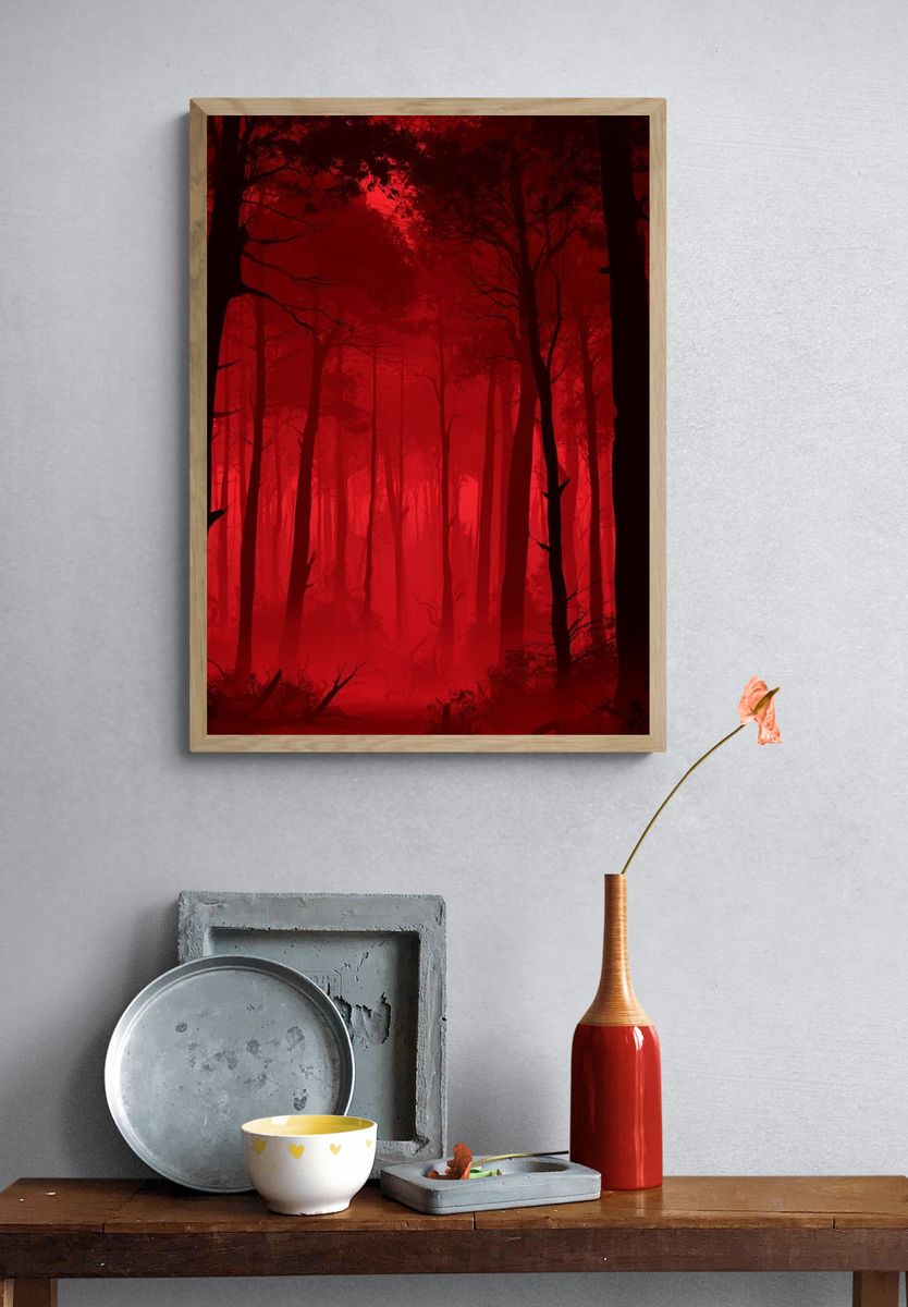 Crimson Mist Forest Photography Poster. — room view 3