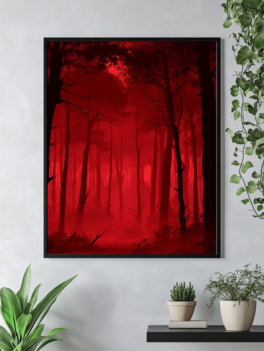 Crimson Mist Forest Photography Poster. — room view 4