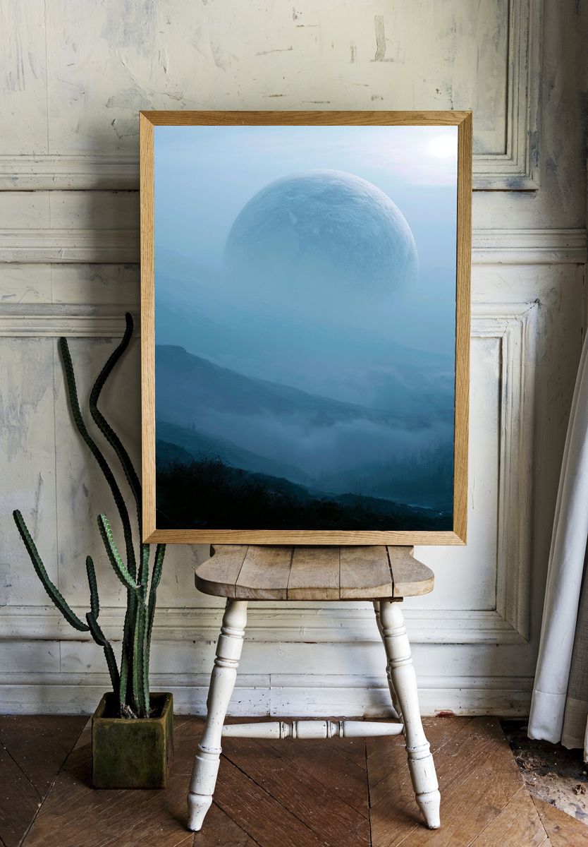 Moonlit Misty Mountains Print. room preview