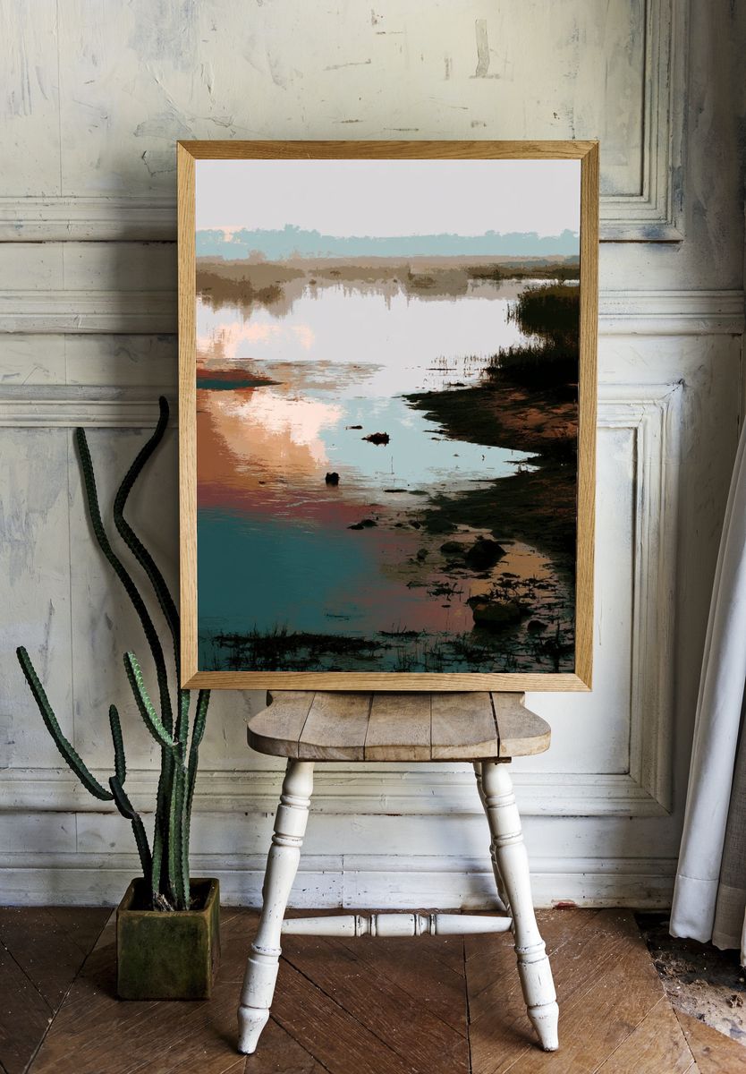 Misty Marsh Reflection Print. room preview