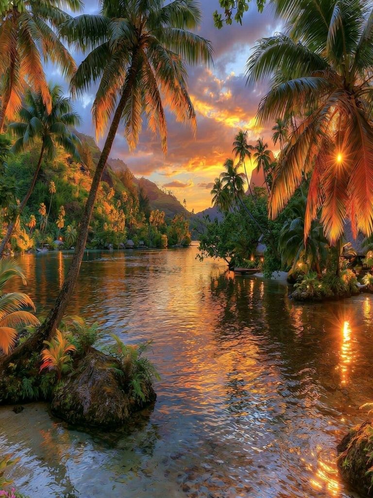 Tropical Lagoon Sunset Poster. poster — nature art
