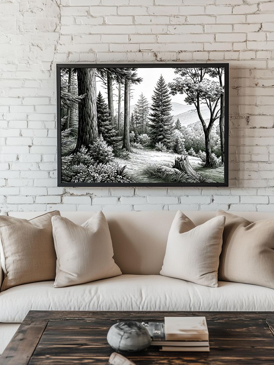 Misty Forest Landscape Print. — room view 1