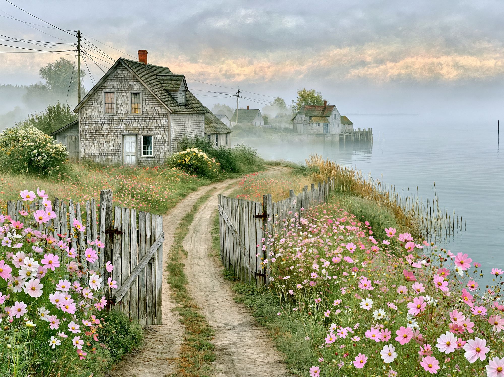 Misty Coastal Cottage Landscape Poster. poster — nature art
