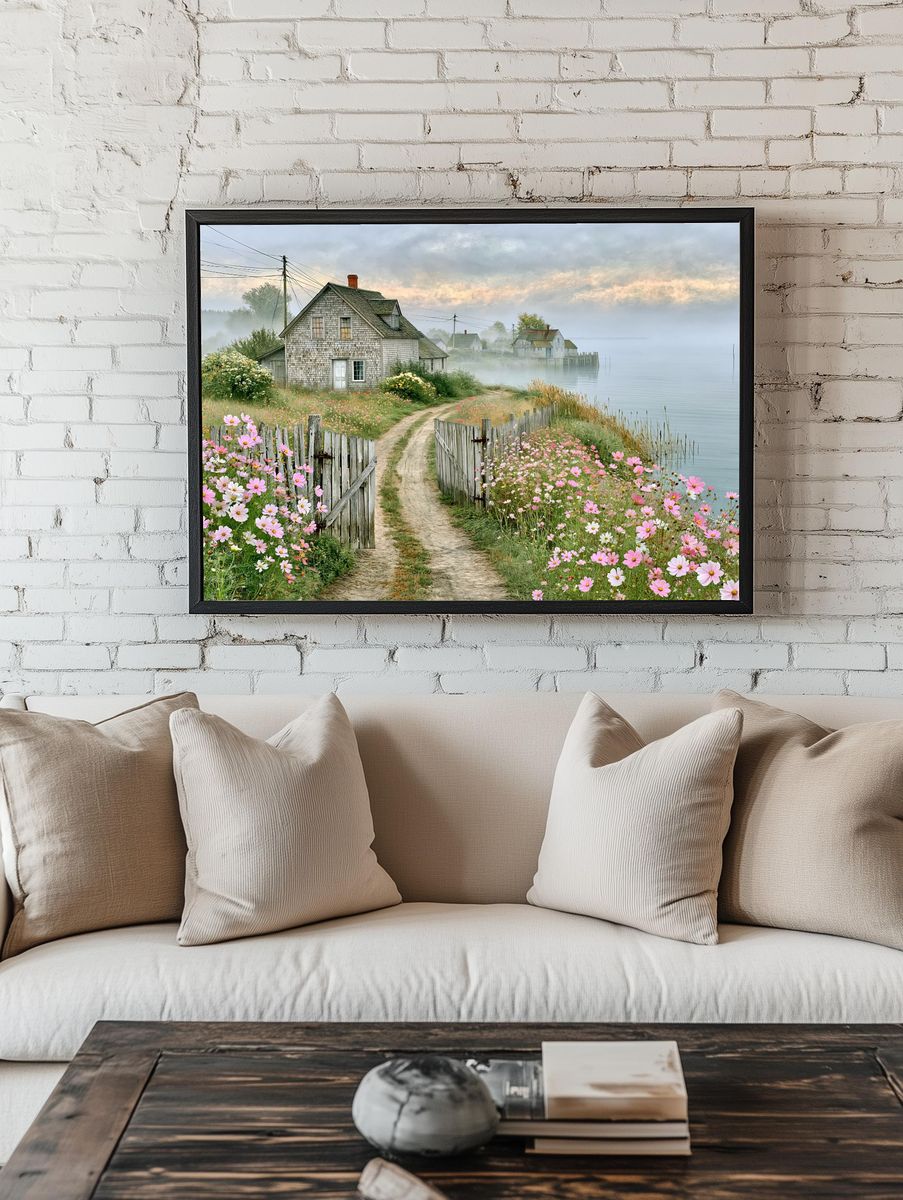 Misty Coastal Cottage Landscape Poster. room preview