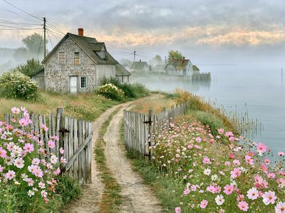 Misty Coastal Cottage Landscape Poster.