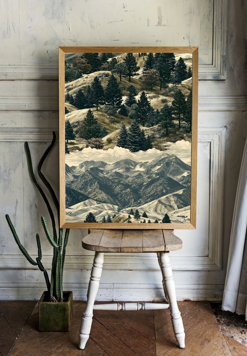 Mountain Forest Landscape Print. room preview