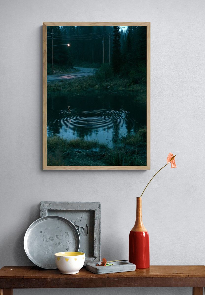 Misty Forest Road at Dusk Poster. — room view 3