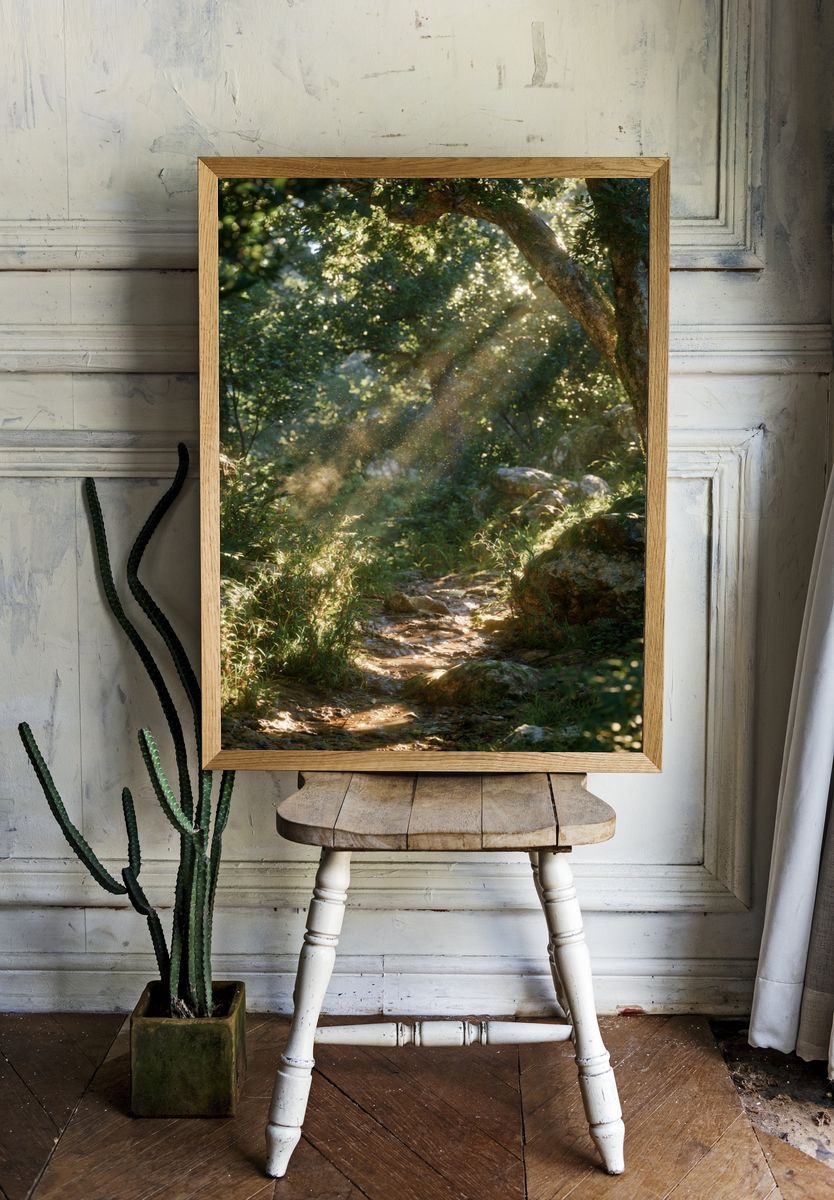 Sunlit Forest Path Poster. room preview