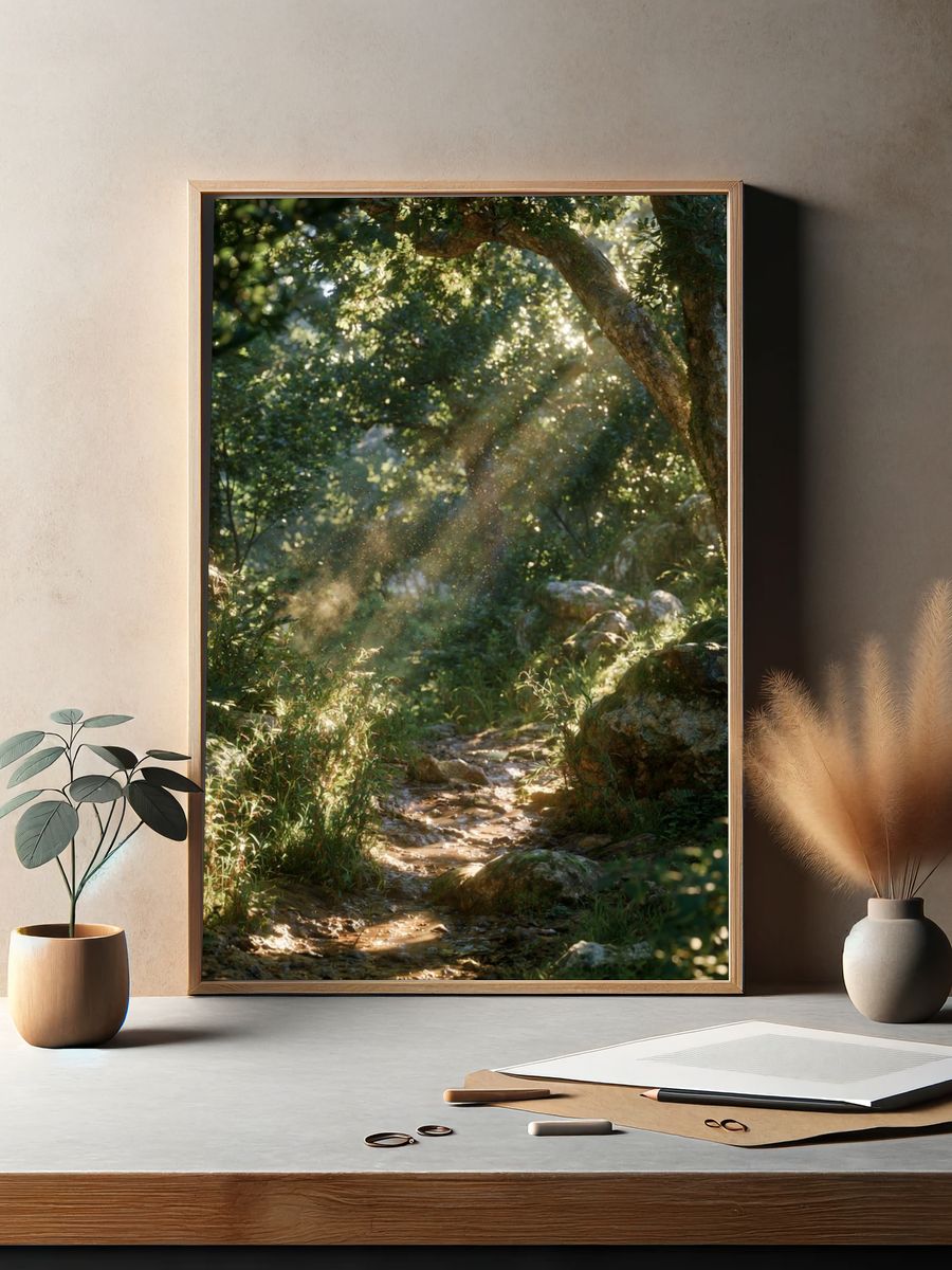 Sunlit Forest Path Poster. — room view 2