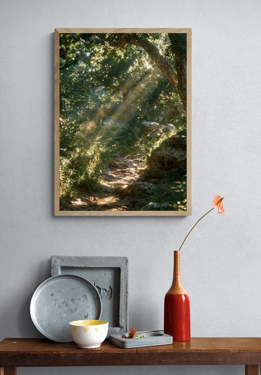 Sunlit Forest Path Poster. — room view 3