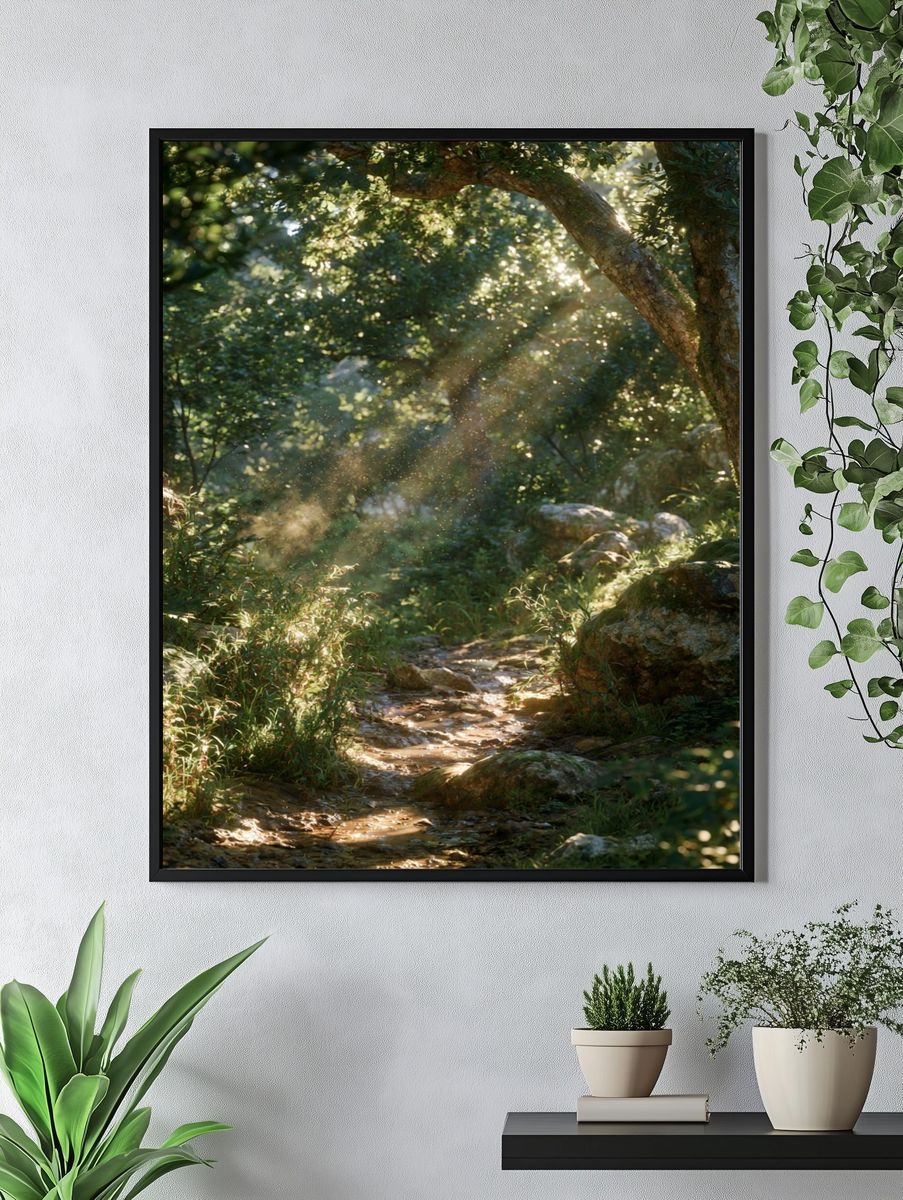Sunlit Forest Path Poster. — room view 4