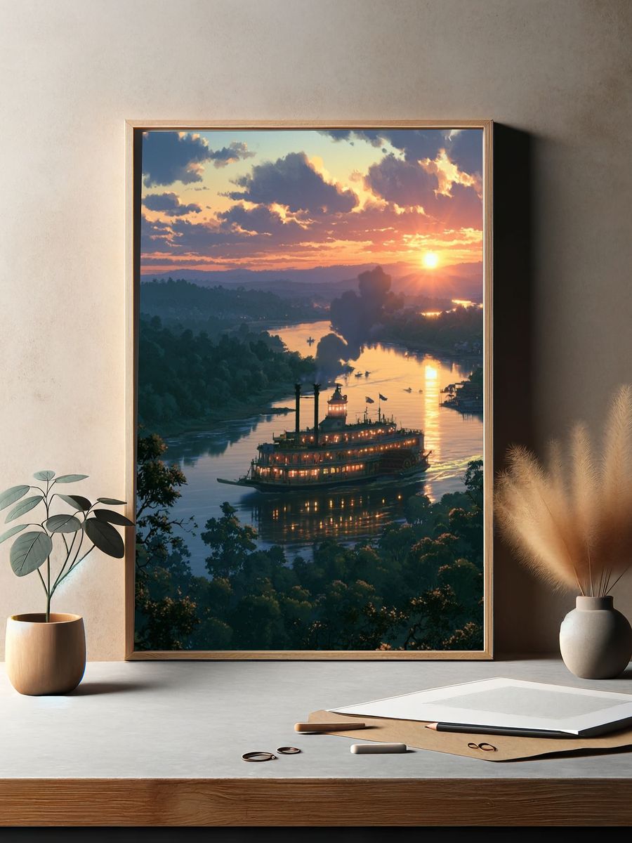 Sunset River Steamboat Print. — room view 2