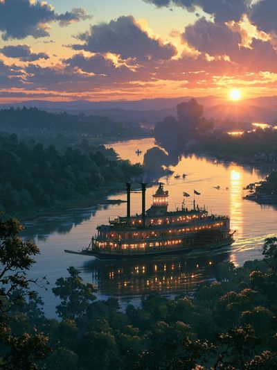 Sunset River Steamboat Print.