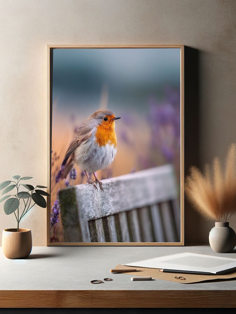 Robin Bird on Lavender — Photography Print. — room view 2