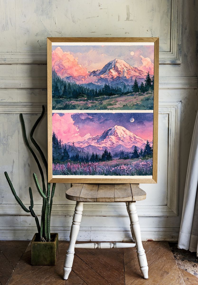 Moonlit Mountain Watercolor Poster. room preview