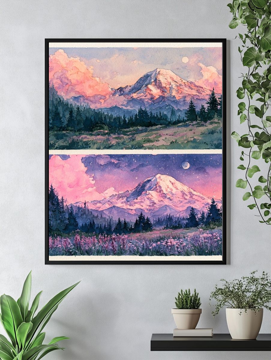 Moonlit Mountain Watercolor Poster. — room view 4