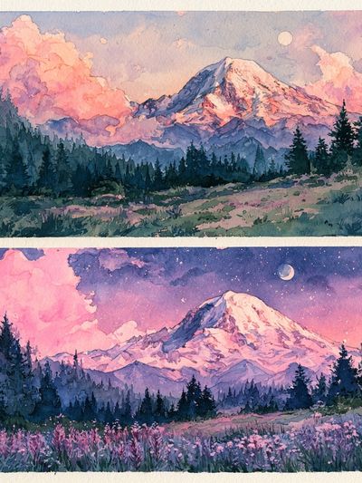 Moonlit Mountain Watercolor Poster.