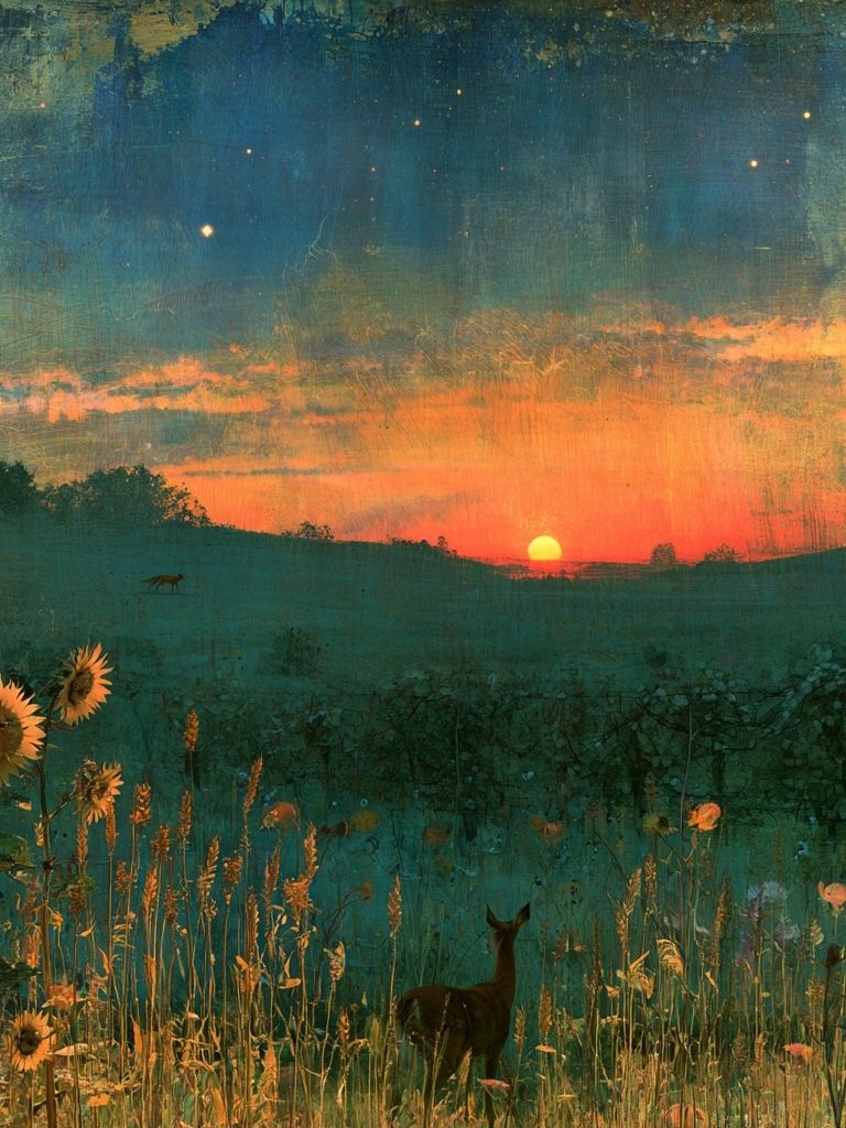 Sunset Meadow Deer Print. poster detail