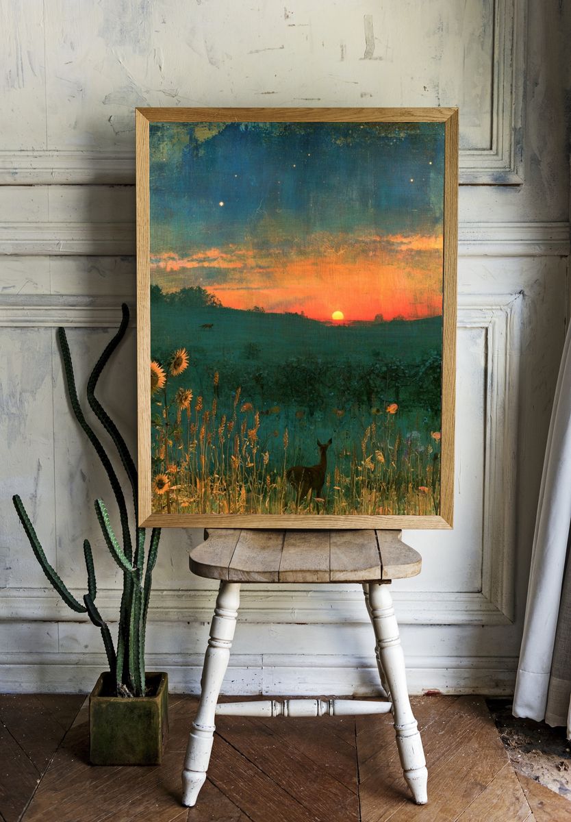 Sunset Meadow Deer Print. room preview