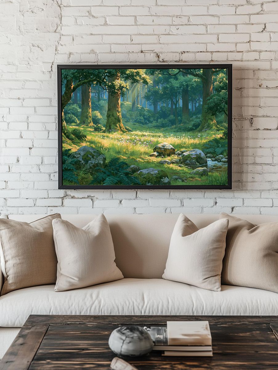 Sunlit Forest Glade Illustration Poster. room preview