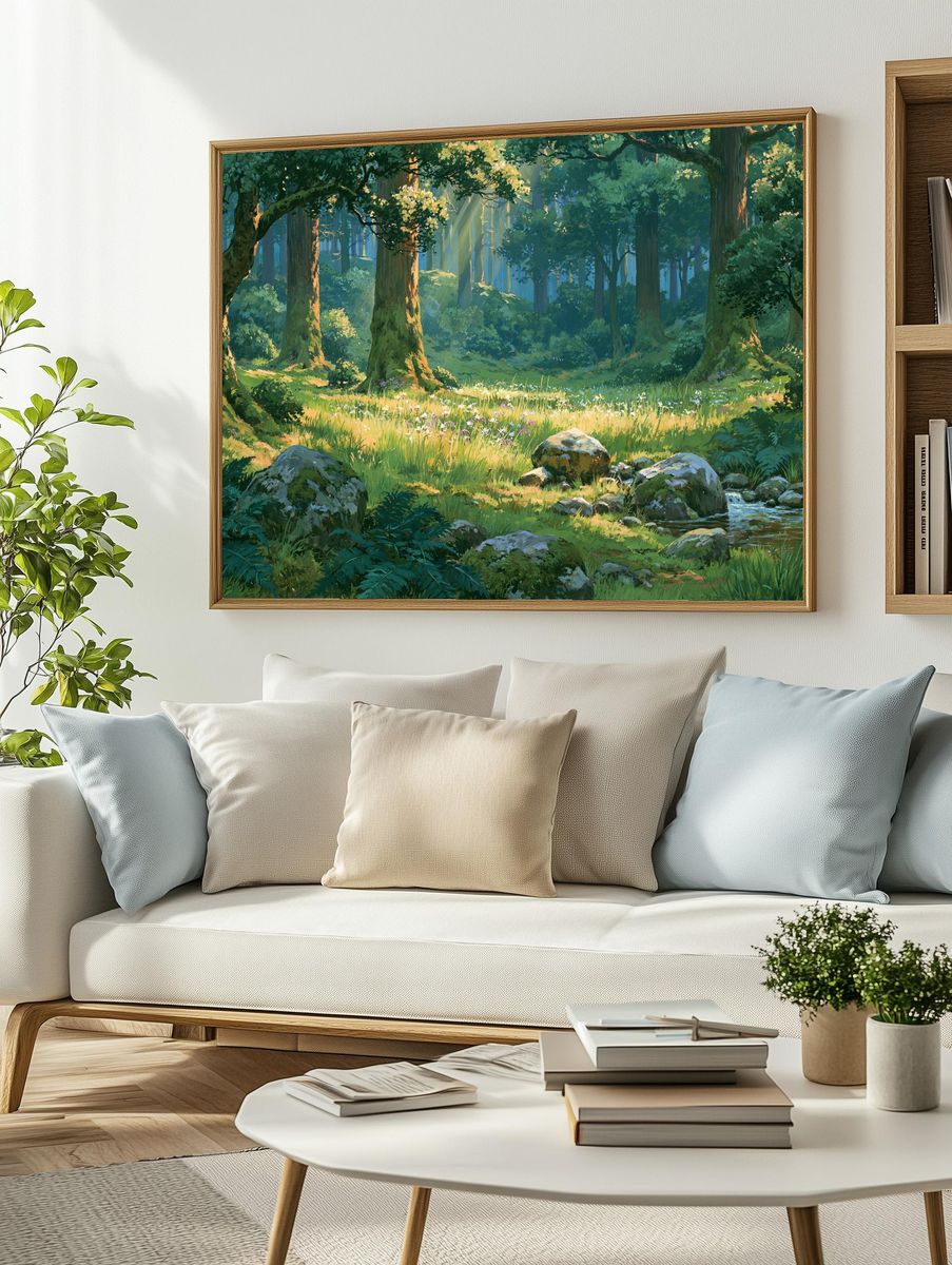 Sunlit Forest Glade Illustration Poster. — room view 2