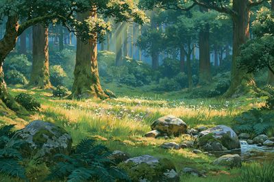 Sunlit Forest Glade Illustration Poster. poster print