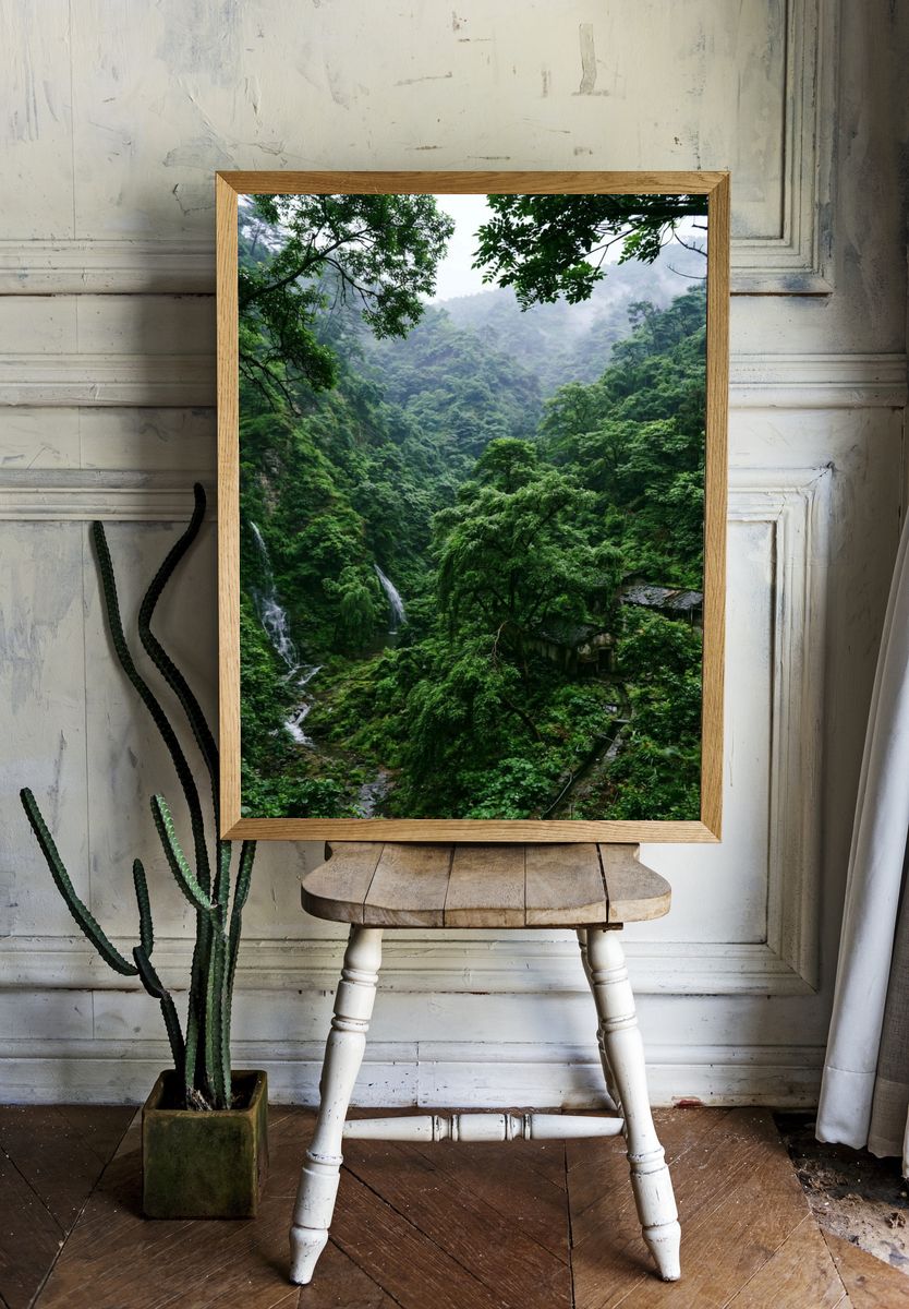 Misty Jungle Waterfall Poster. — room view 1