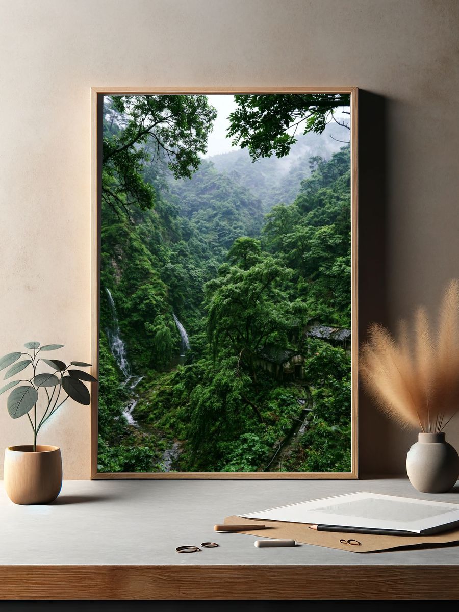 Misty Jungle Waterfall Poster. — room view 2