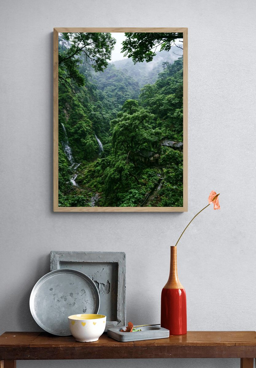 Misty Jungle Waterfall Poster. — room view 3