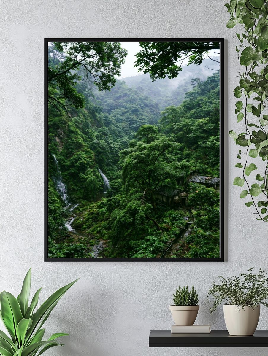 Misty Jungle Waterfall Poster. — room view 4