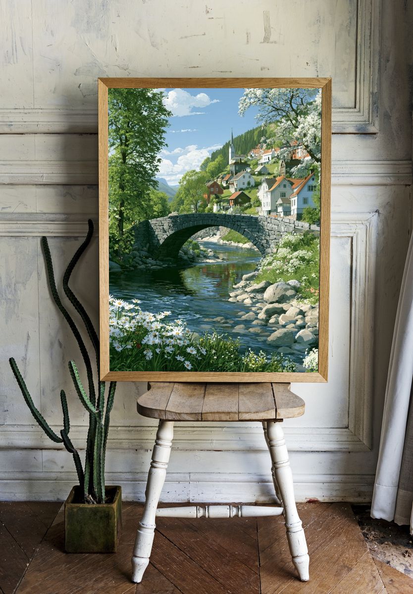 Riverside Village Landscape Print. room preview