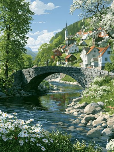 Riverside Village Landscape Print.