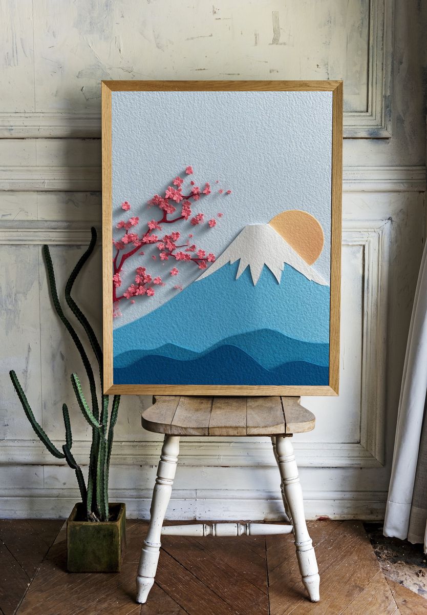 Mount Fuji Sakura Landscape Print. room preview