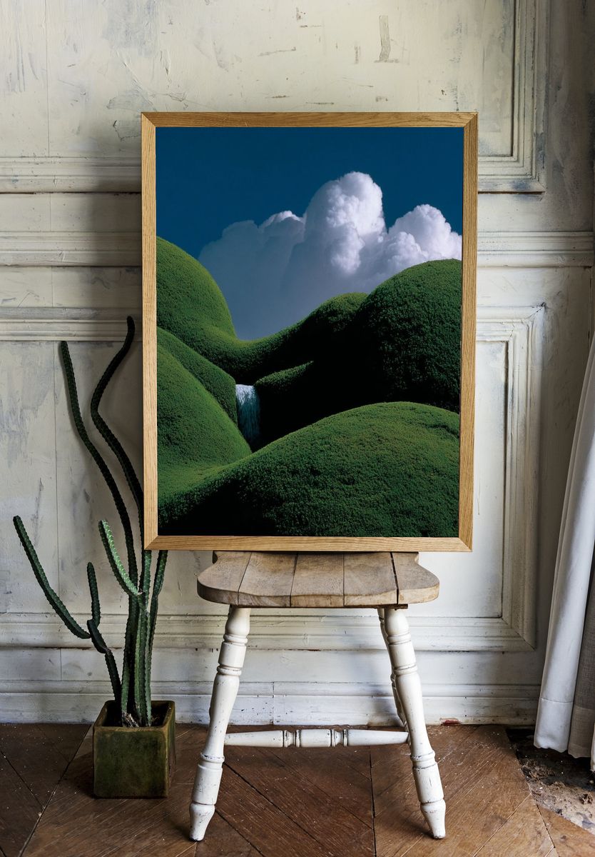 Lush Green Hills with Waterfall — Nature Print. — room view 1