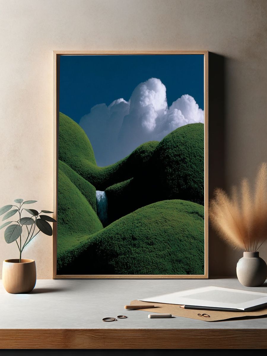 Lush Green Hills with Waterfall — Nature Print. — room view 2