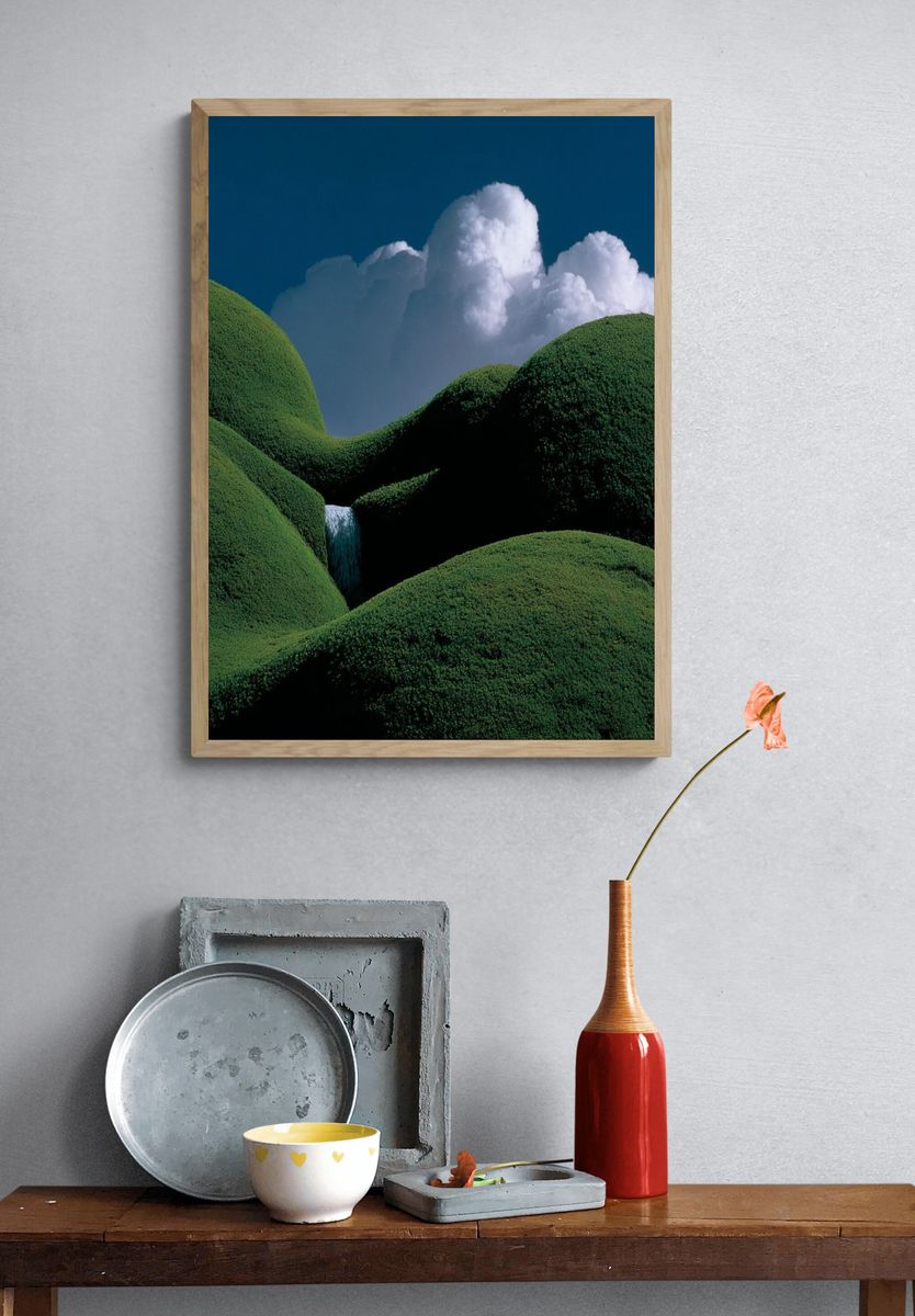 Lush Green Hills with Waterfall — Nature Print. — room view 3