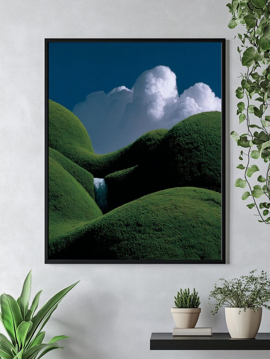 Lush Green Hills with Waterfall — Nature Print. — room view 4