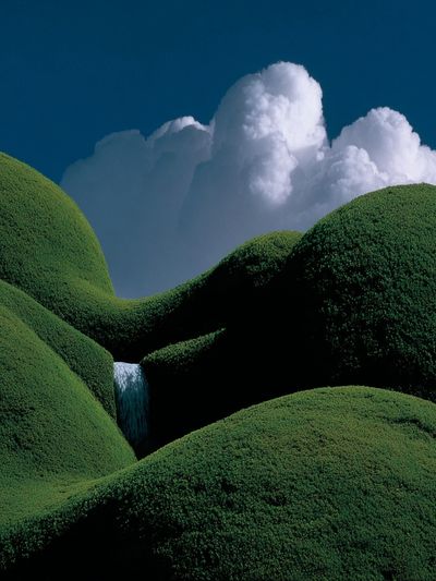 Lush Green Hills with Waterfall — Nature Print. poster