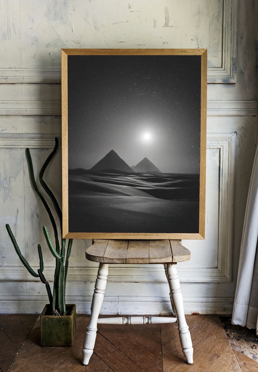 Moonlit Desert Pyramids Print. room preview