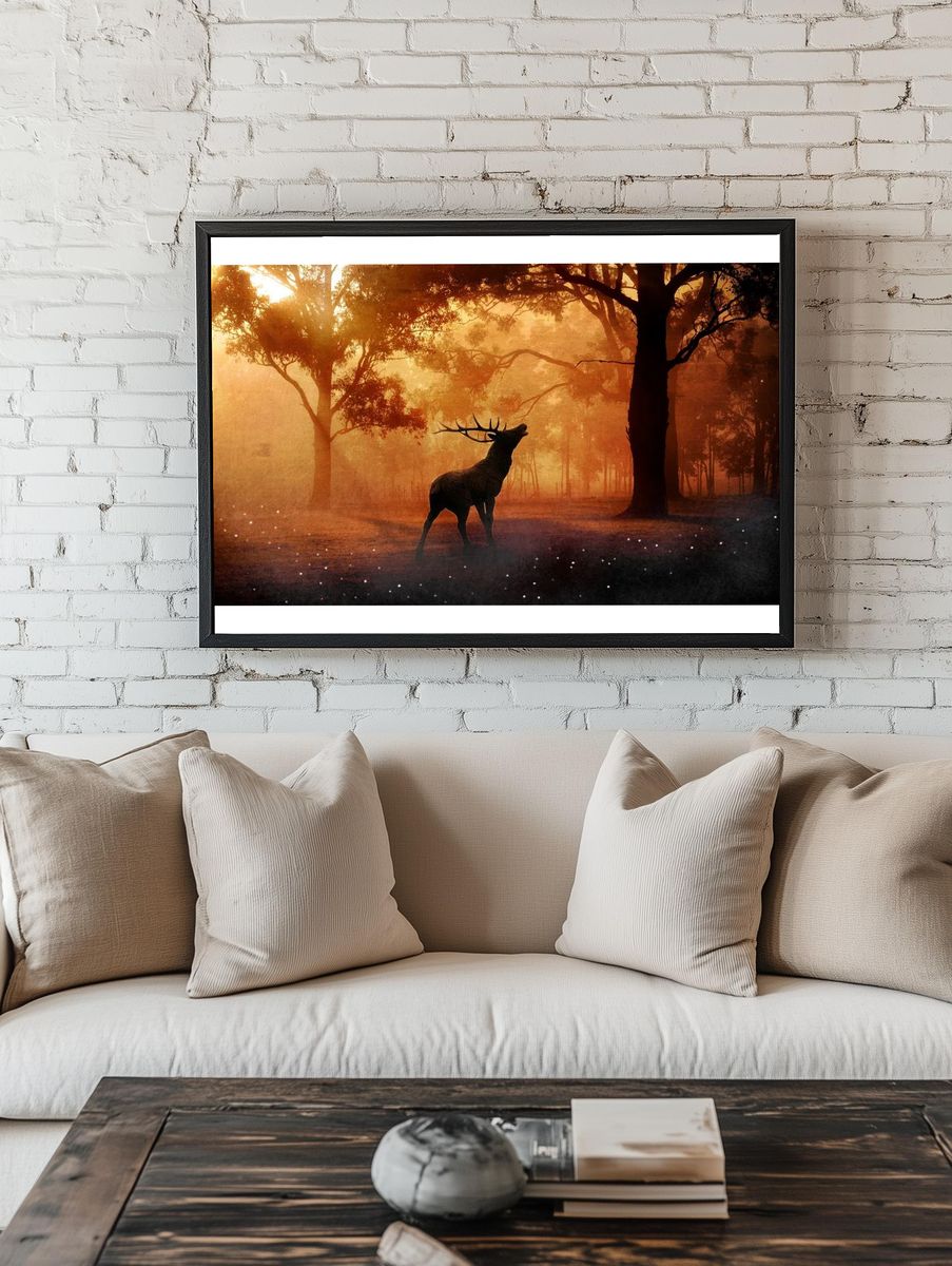 Majestic Stag in Misty Forest Poster room preview