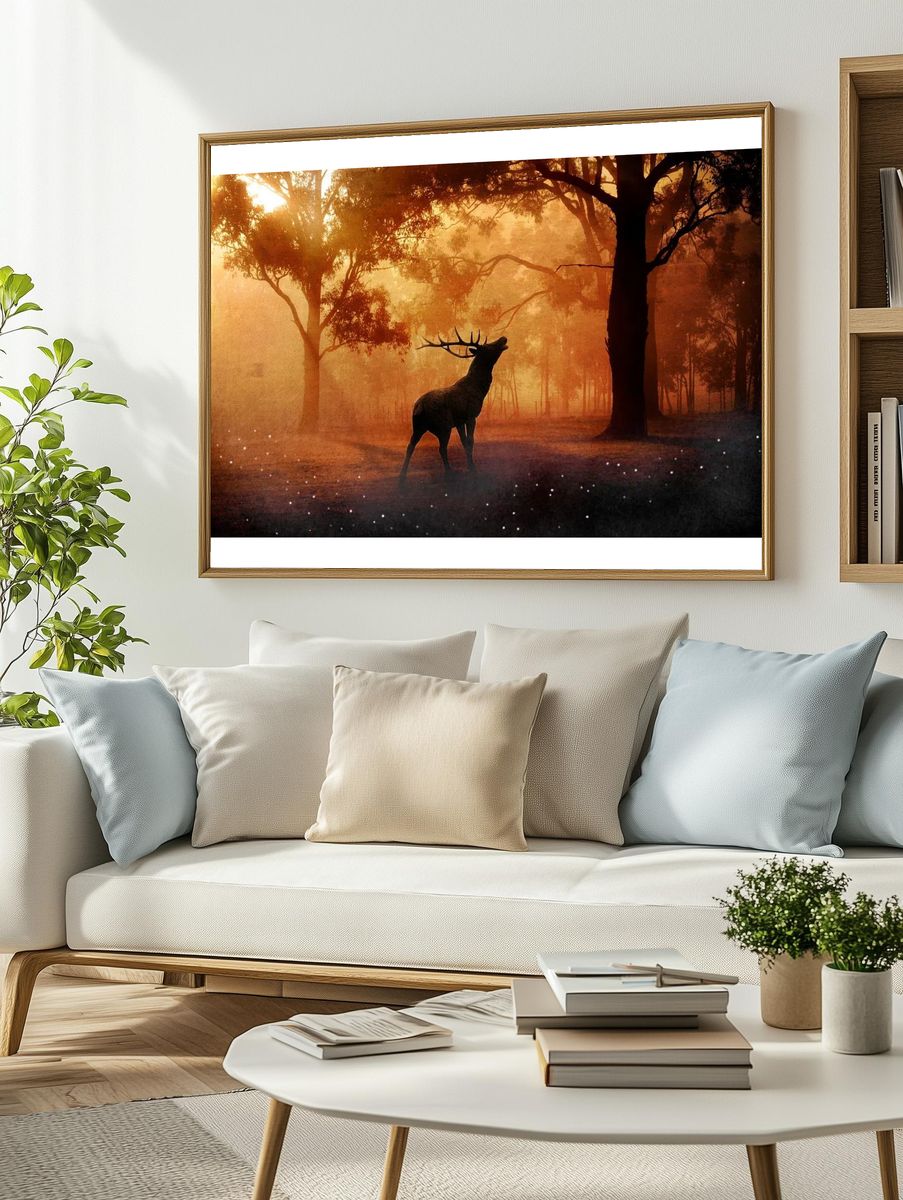 Majestic Stag in Misty Forest Poster. — room view 2