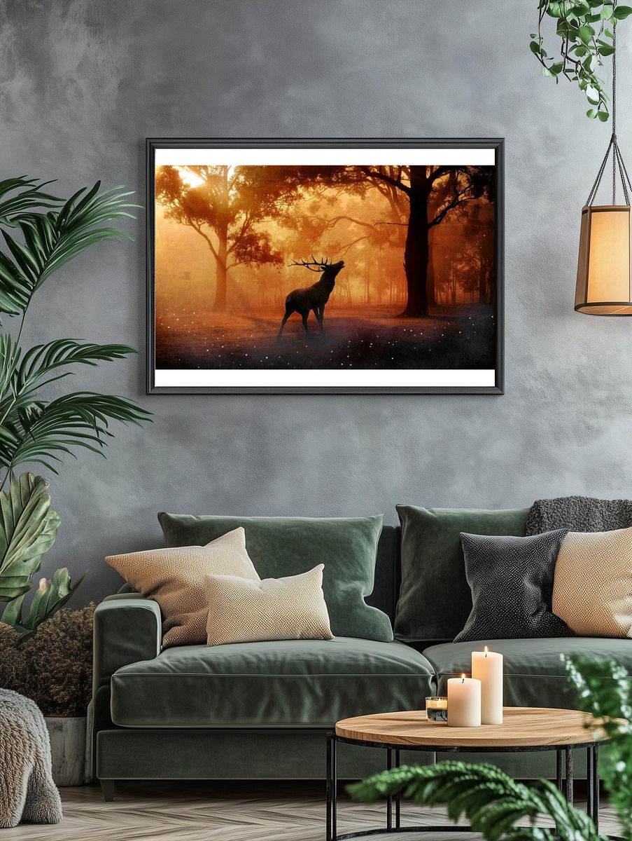 Majestic Stag in Misty Forest Poster. — room view 4