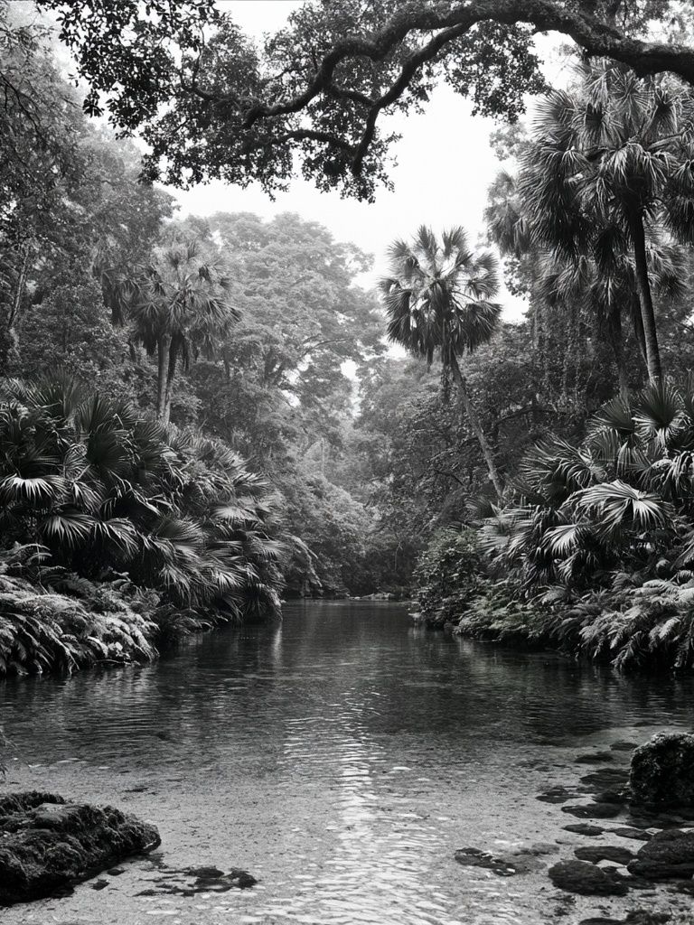 Tropical River Canopy Black-White Poster. poster — nature art