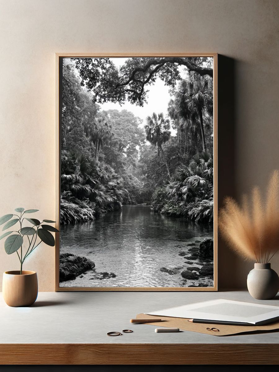 Tropical River Canopy Black-White Poster. — room view 2